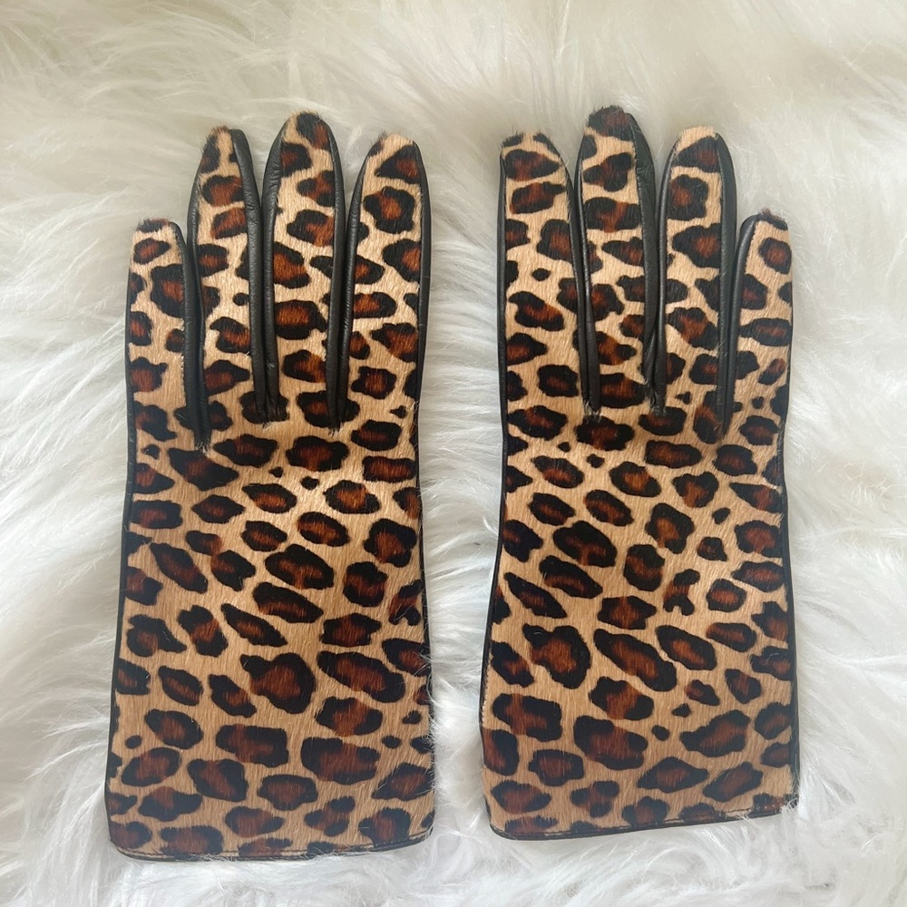 J. Crew calf hair + leather gloves black brown cream leopard Size Med STUNNING!